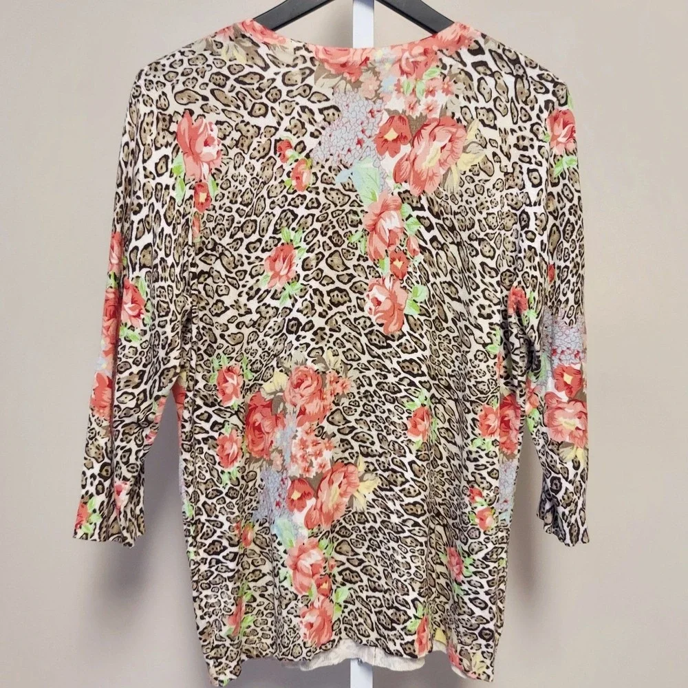 Joseph A‎ Womens Leopard Floral Cardigan Brown Pink 3/4 Sleeve Knit L Maximalist